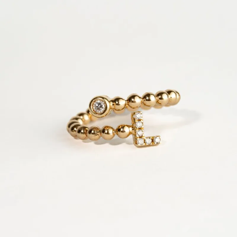 Anel Ouro Amarelo Caracol Bolinhas com Letra L Brilhantes