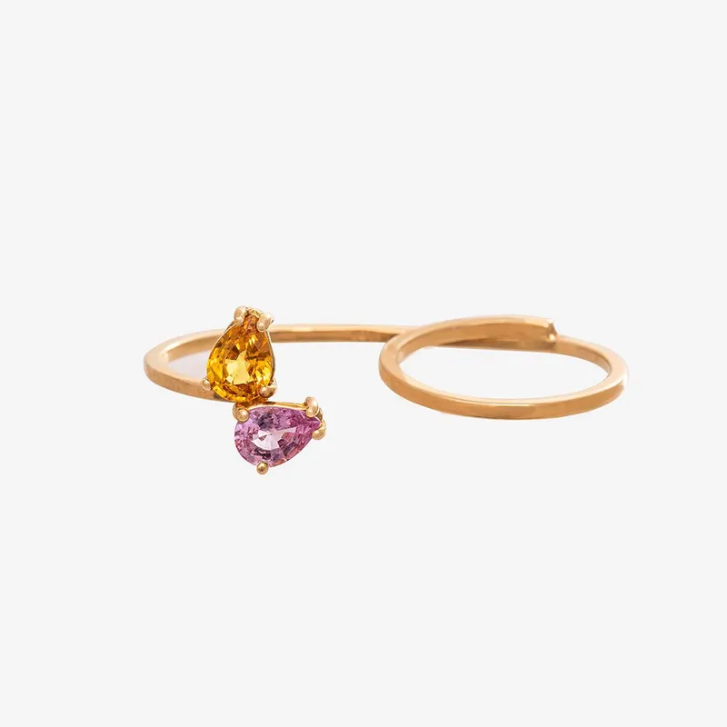 Anel Ouro Amarelo Duplo Gotas Safiras Coloridas