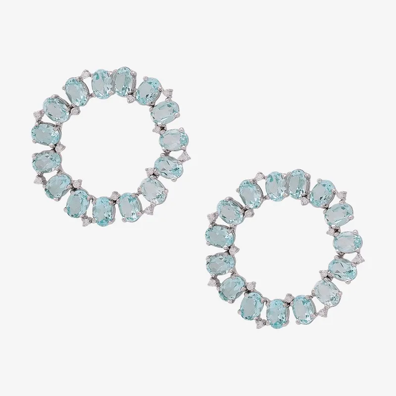 Brinco Argola Ouro Branco Topázio Azul e Brilhantes
