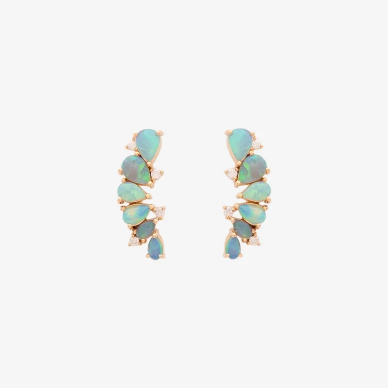 Brinco Ear Cuff Ouro Amarelo Opalas Australianas Gotas Brilhantes 3 pontos