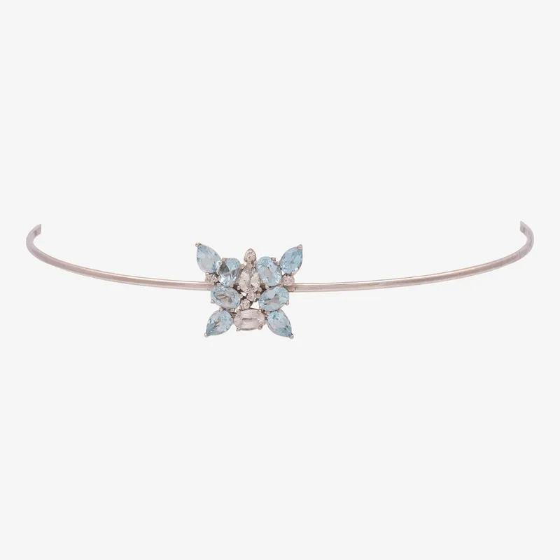 Colar Ouro Branco Flor Topázio Azul e Brilhante
