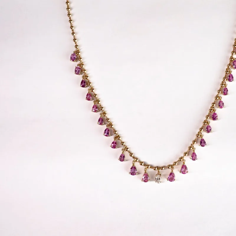 Colar Ouro Amarelo Bolinhas, Gota Safira Rosa