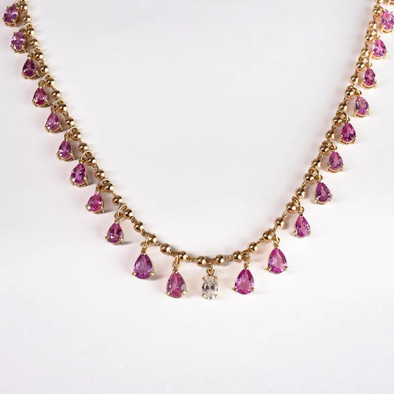 Colar Ouro Amarelo Bolinhas, Gota Safira Rosa, foto 2