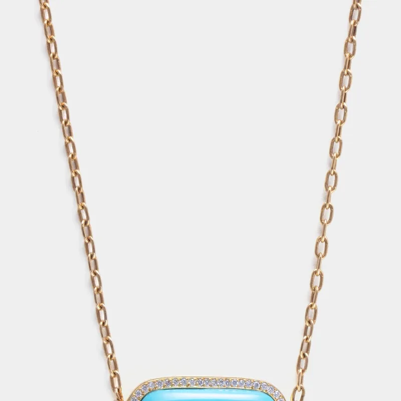 Colar Ouro Branco com Pingente em Turquesa e Brilhantes