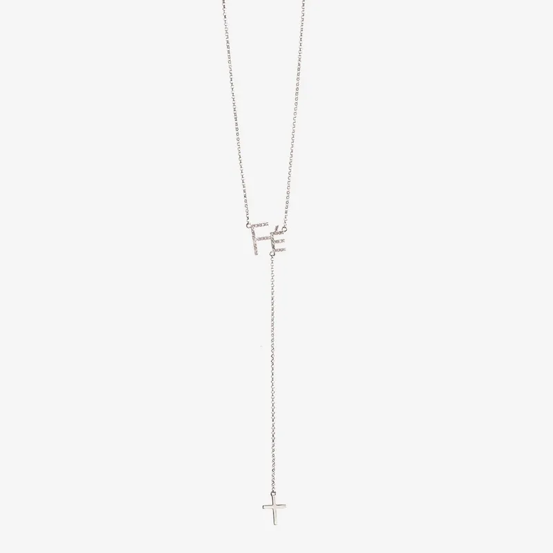 Colar Ouro Branco Fé e Crucifixo com Brilhantes