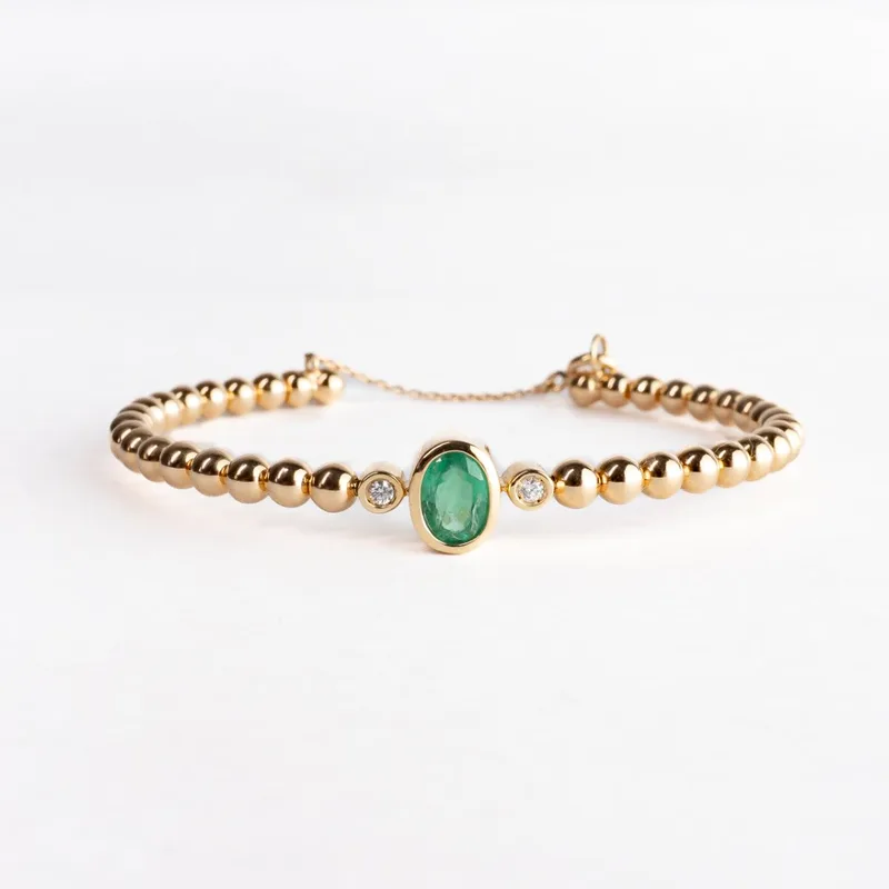 Bracelete Ouro Amarelo Bolinhas Esmeralda Oval e Brilhantes
