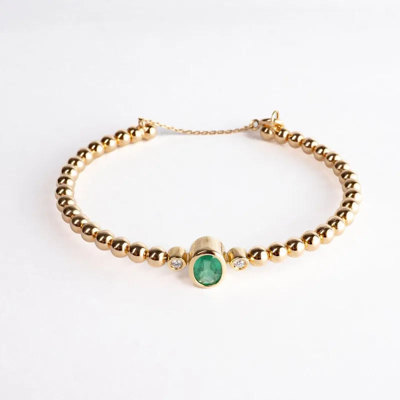 Bracelete Ouro Amarelo Bolinhas Esmeralda Oval e Brilhantes, foto 2