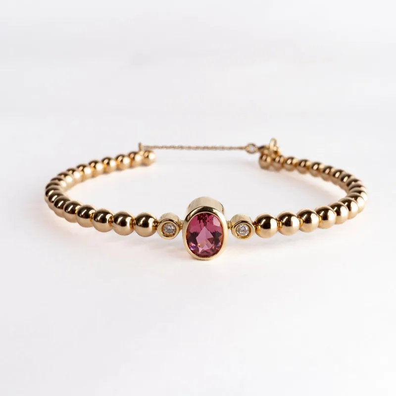 Bracelete Ouro Amarelo Bolinhas Turmalina Rosa Oval e Brilhantes