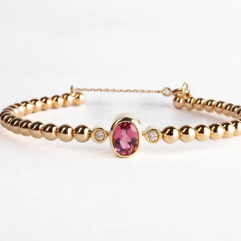 Bracelete Ouro Amarelo Bolinhas Turmalina Rosa Oval e Brilhantes, foto 2