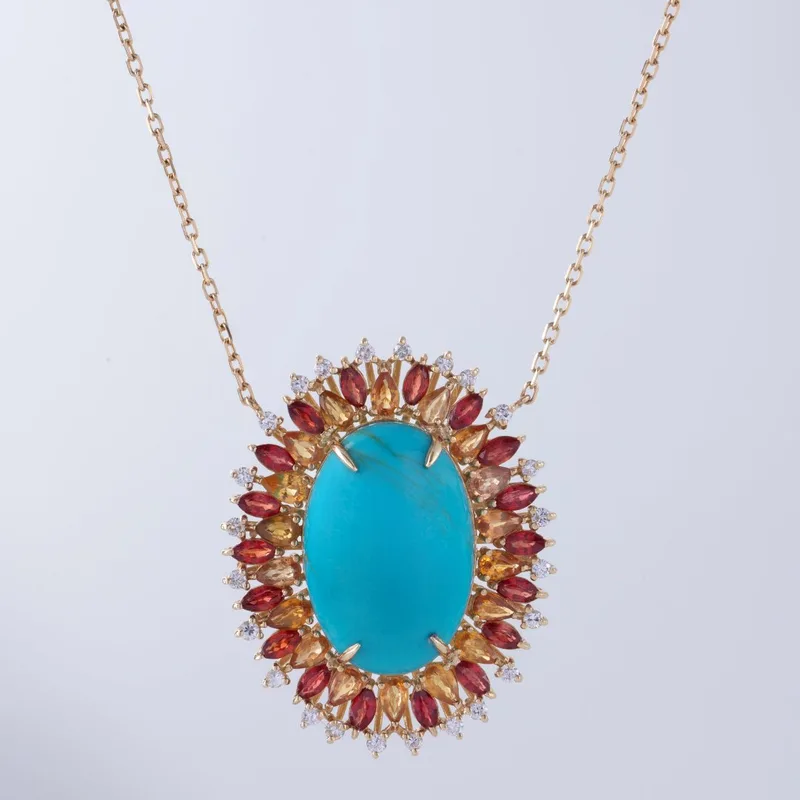 Colar Ouro Amarelo com Pedra Oval Turquesa e Safiras Vermelhas e Amarela