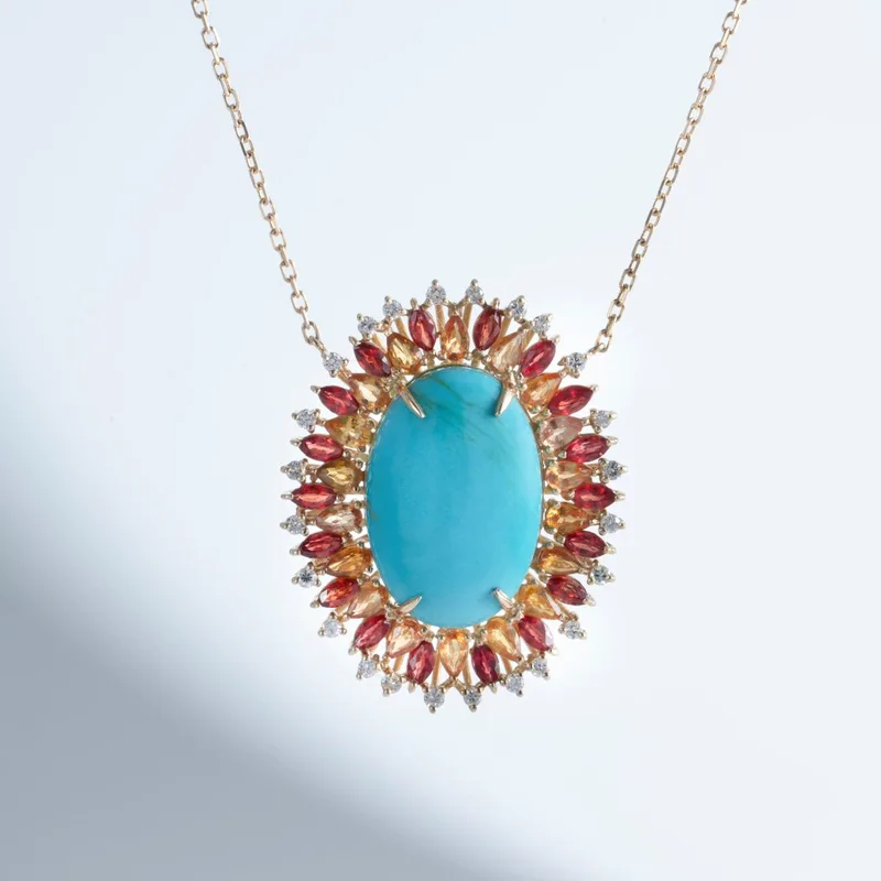 Colar Ouro Amarelo com Pedra Oval Turquesa e Safiras Vermelhas e Amarela, foto 2