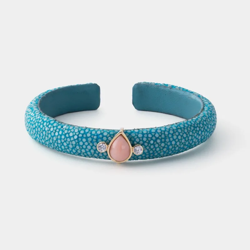 Pulseira Couro Galuchat Turquesa, Pedra Coral e Brilhantes, foto 2