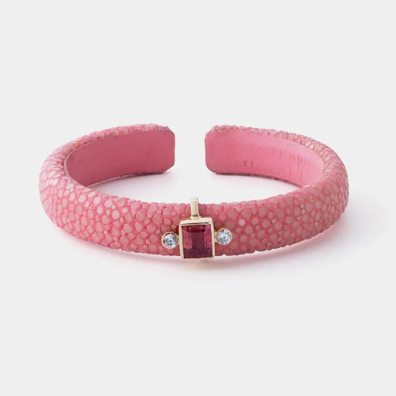 Pulseira Couro Galuchat Coral, Pedra Turmalina e Brilhantes, foto 2