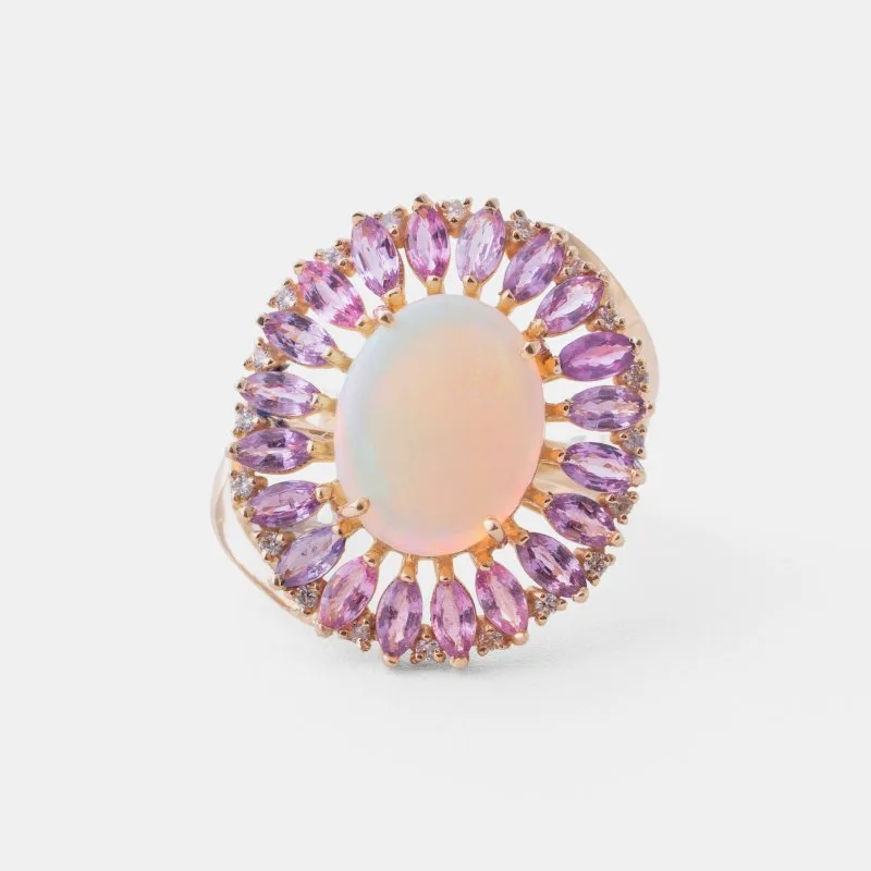 Anel Ouro Amarelo com Opala Australiana e Safira Rosa