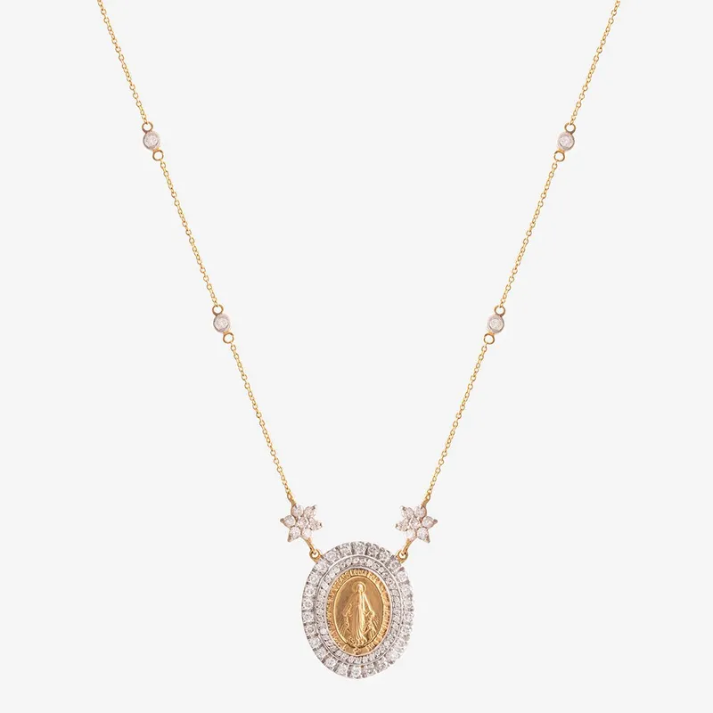 Colar Ouro Amarelo Medalha Nossa Senhora e Brilhantes